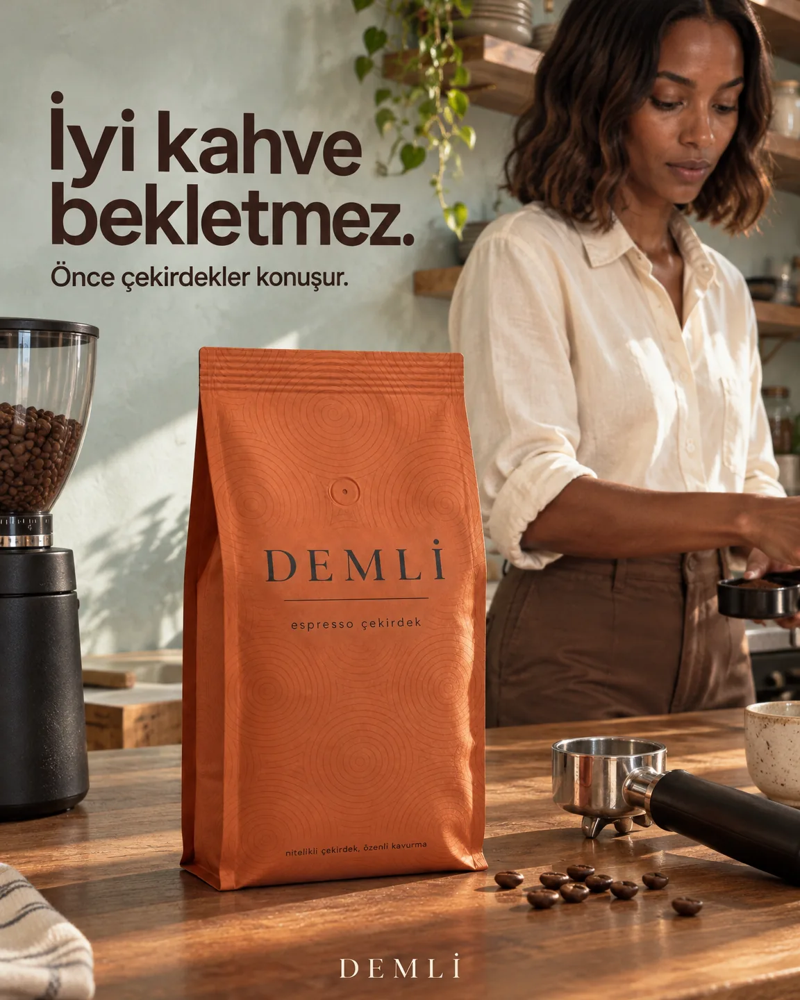 Kare 3/9 — Gönderi: "İyi kahve bekletmez." Aynı kişi, mutfak ve ışıkla dört ürün.