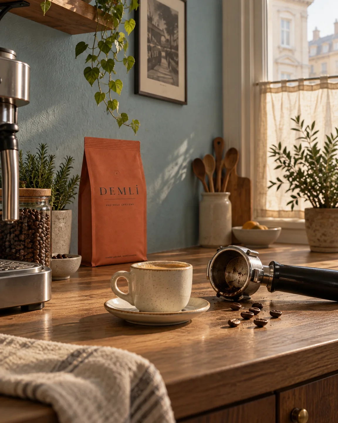 Kare 5/9 — Karusel: espresso sonrası tezgâh. Aynı kişi, mutfak ve ışıkla dört ürün.
