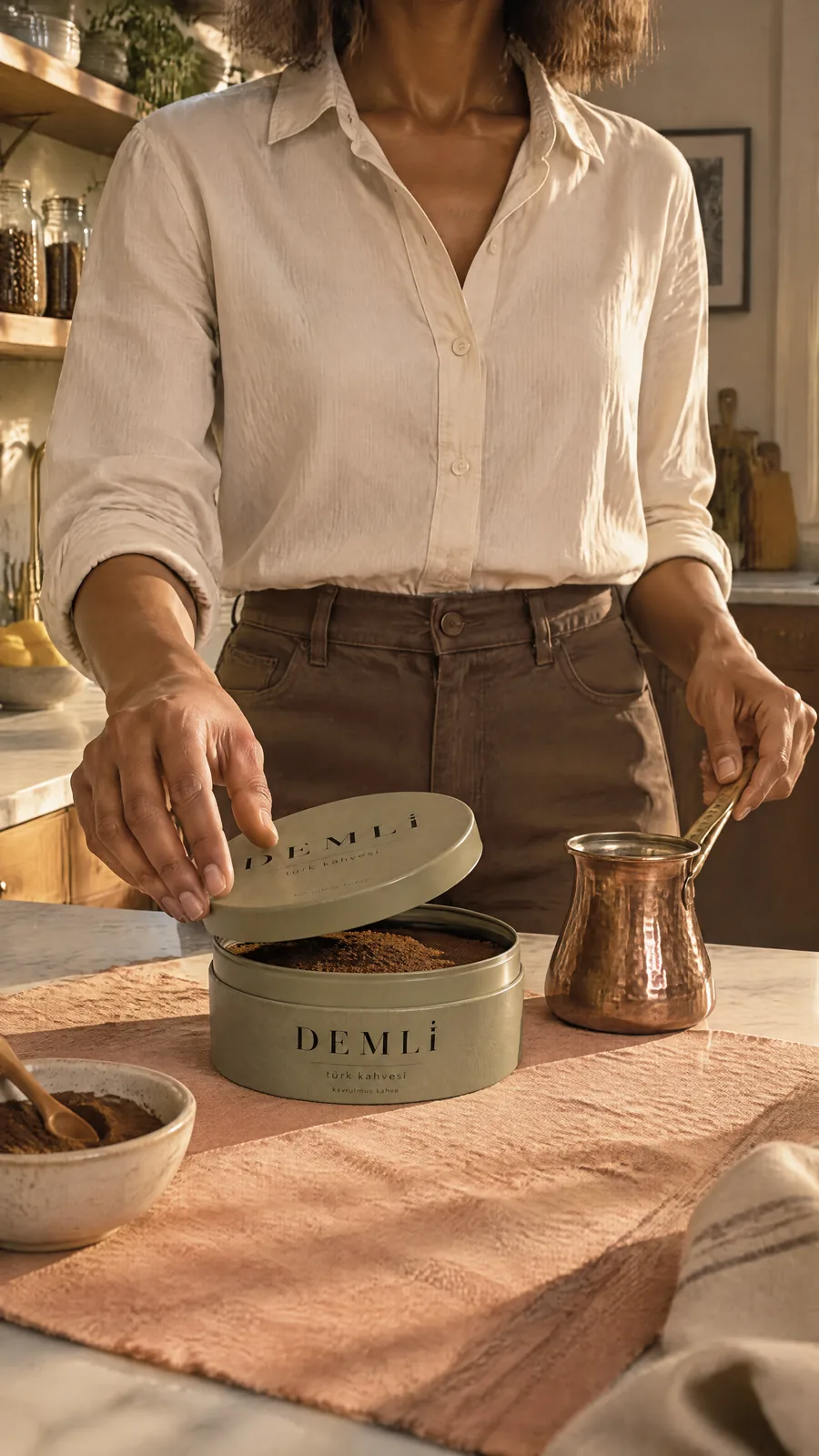 Kare 7/9 — Reels: teneke açılıyor. Aynı kişi, mutfak ve ışıkla dört ürün.