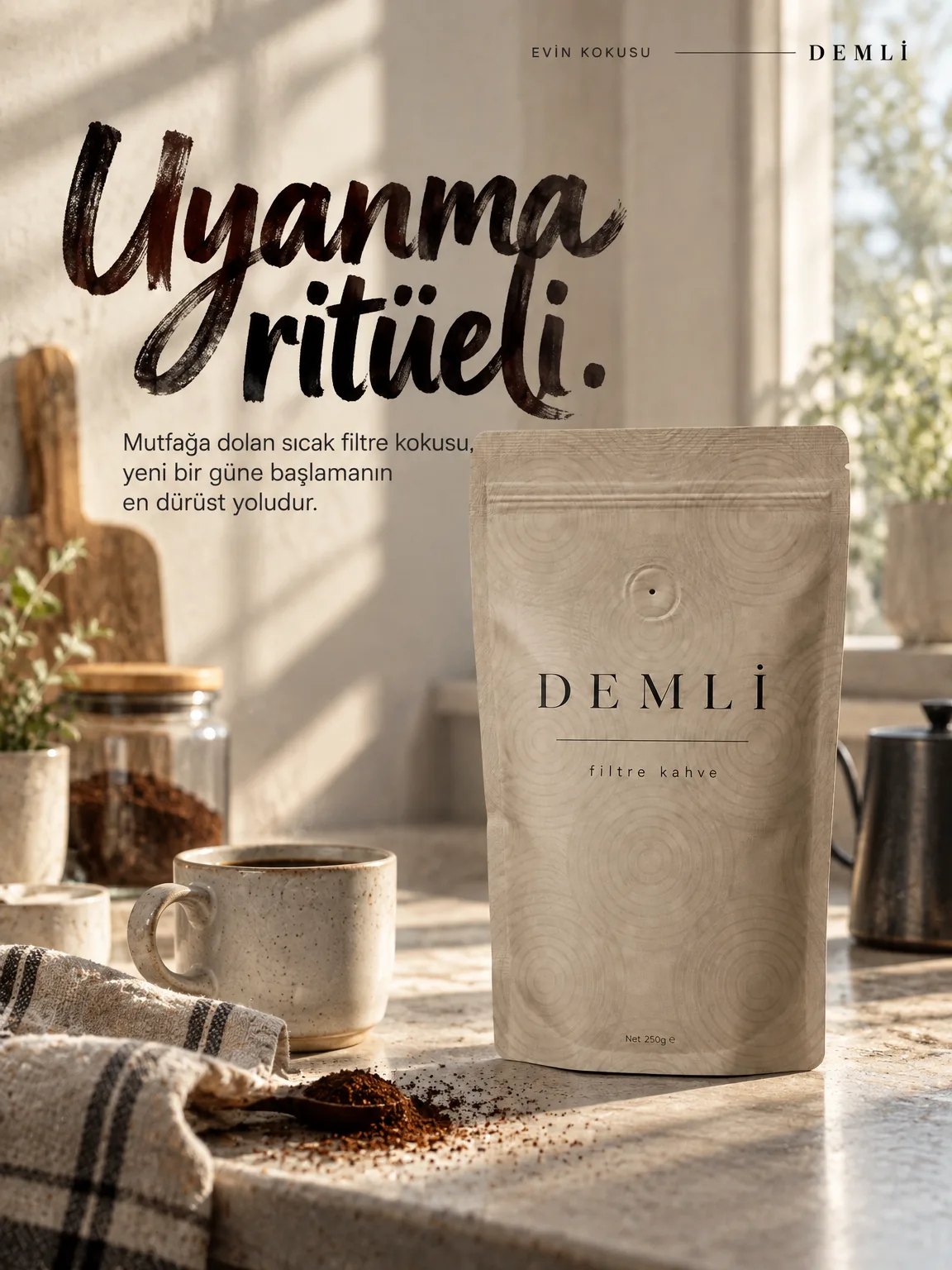 Aynı kampanya dili, altı ürün (2/6): DEMLİ filtre kahve afişi.