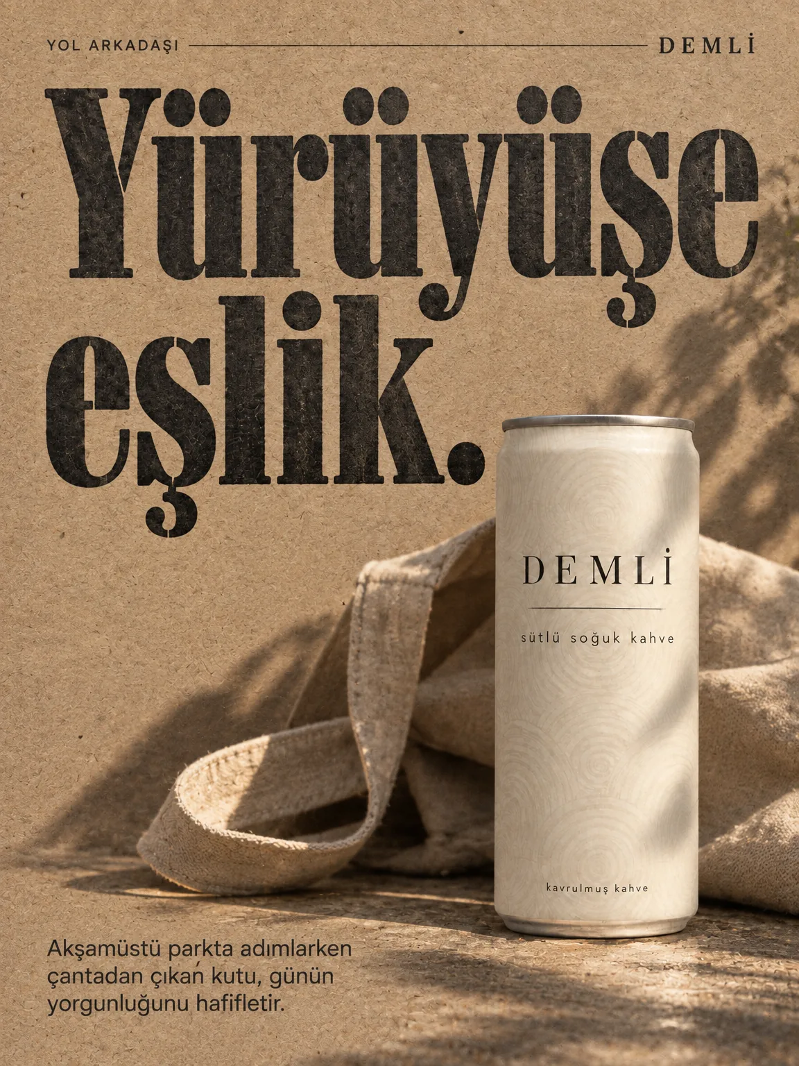 Aynı kampanya dili, altı ürün (6/6): DEMLİ sütlü soğuk kahve kutusu afişi.