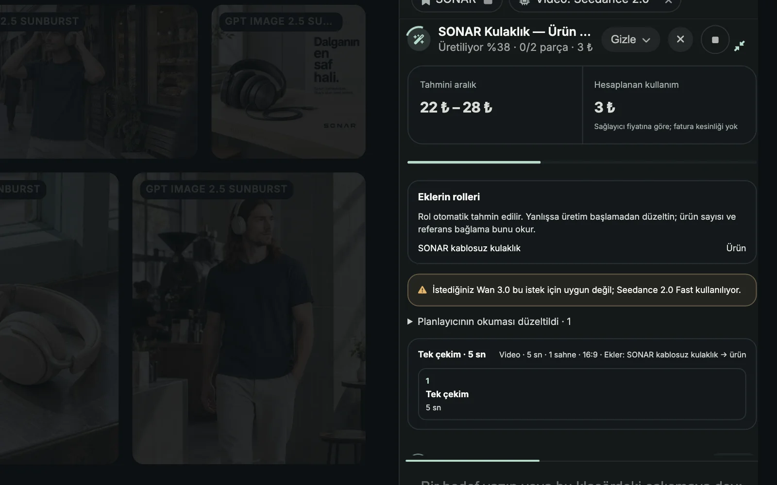 Ekran: Agent çalışırken: “Üretiliyor %…”, “Sırada”