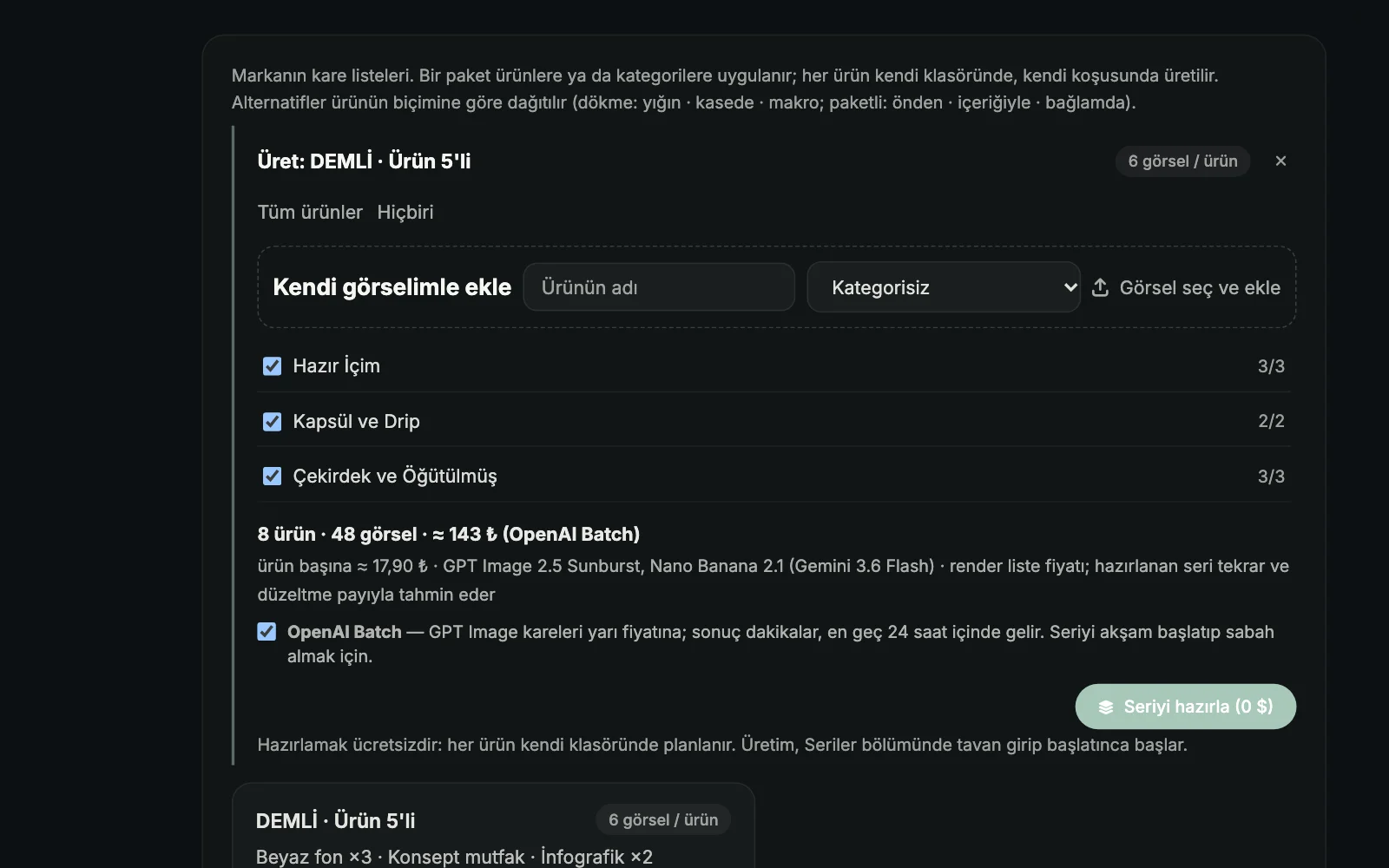Ekran: “Üret”: ürün seçimi ve teklif
