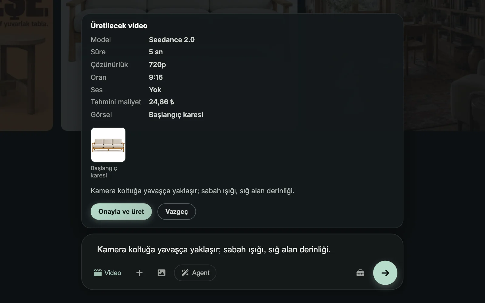 Ekran: Video formu ve “Bu video üretilecek” onay penceresi